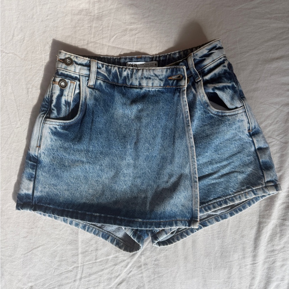 High-Rise Light Blue Denim Skort Shorts